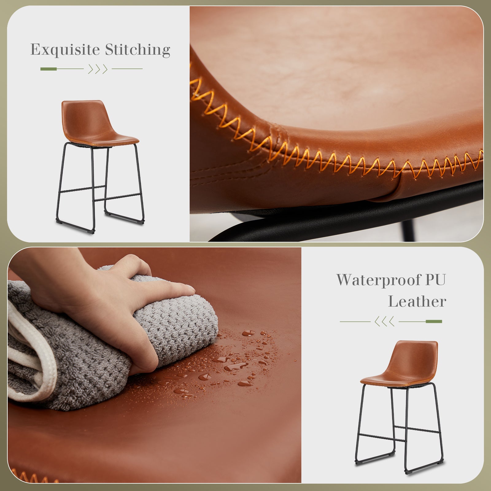 Armless Industrial Faux Leather Barstools With Metal Legs And Footrest, Dining Chairs For Home Office Kitchen Island