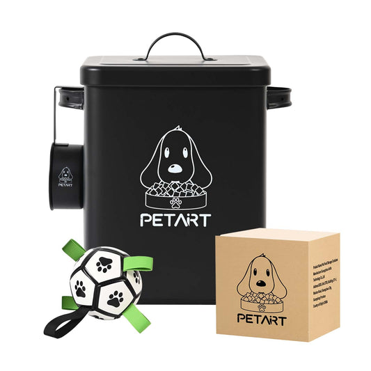 Contenedor de comida para perros con pelota de juguete, recipientes metálicos para comida de mascotas, contenedor de comida para gatos con cuchara y desecante. 